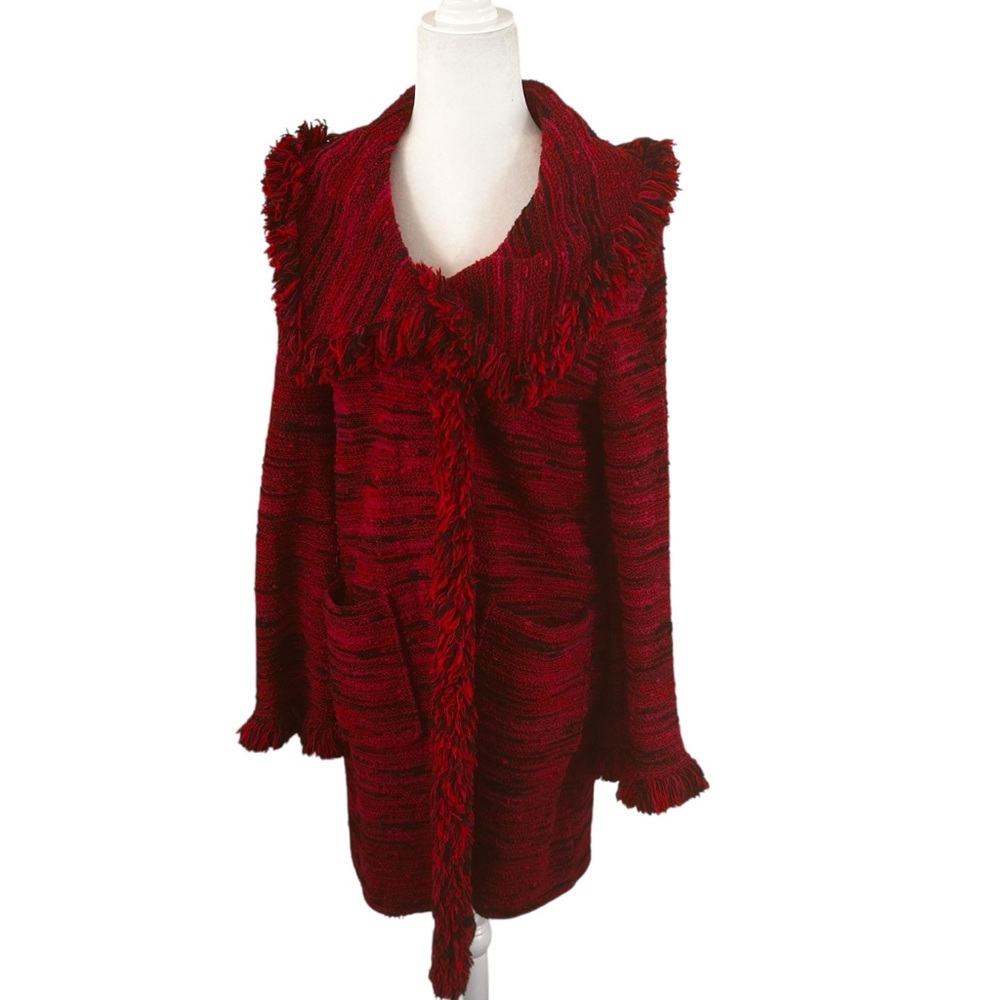 St. John red pink black tweed fringe frayed collar long jacket women’s size 6 - Picture 4 of 16